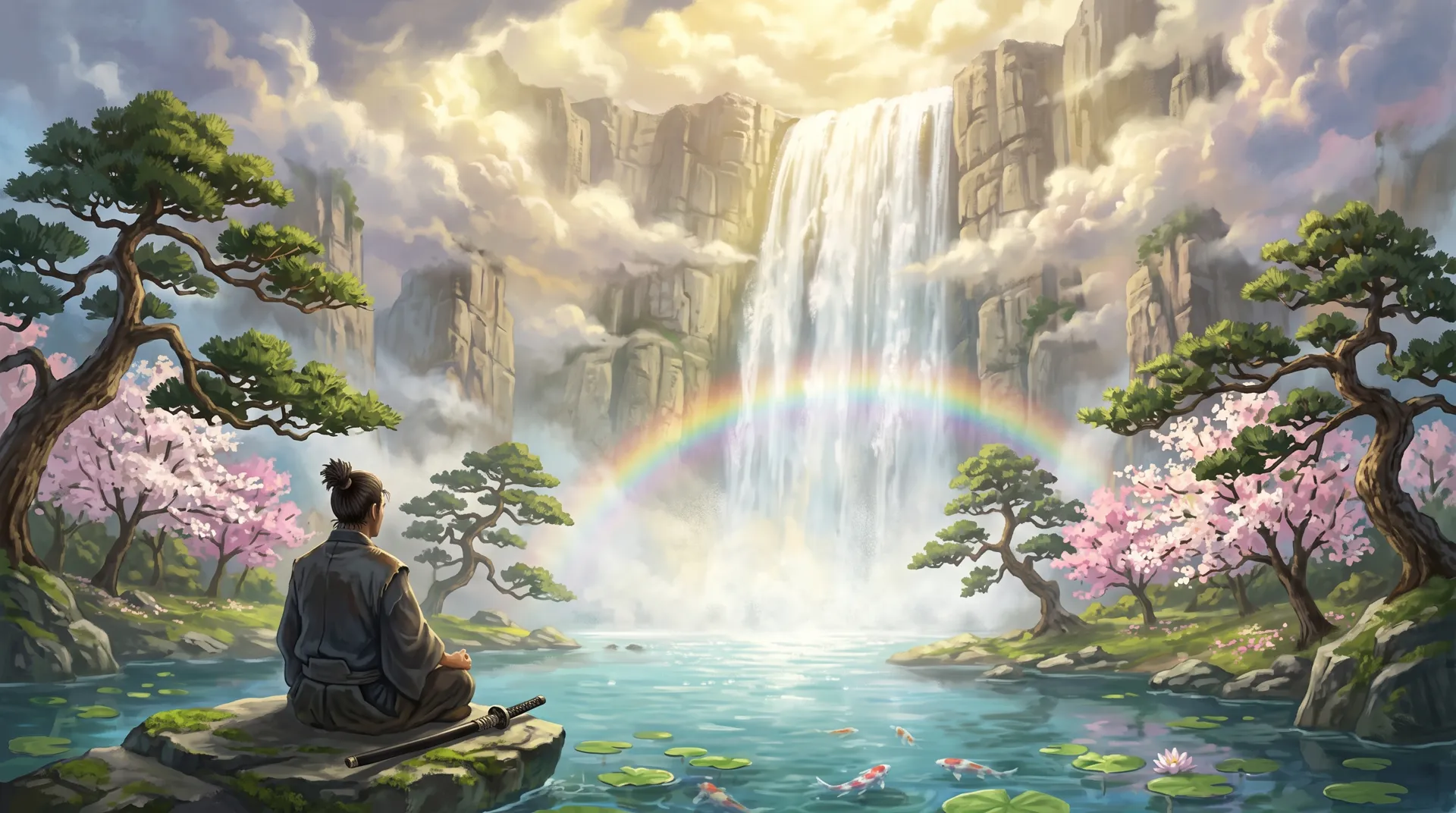 A ronin meditating by a pond, facing a legendary waterfall